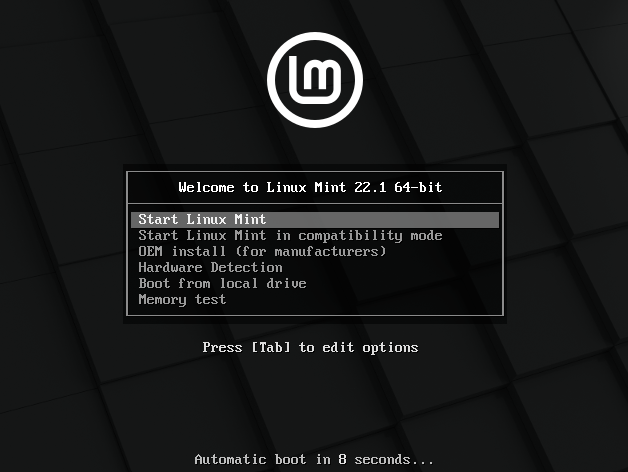 image of the Linux mint GRUB menu