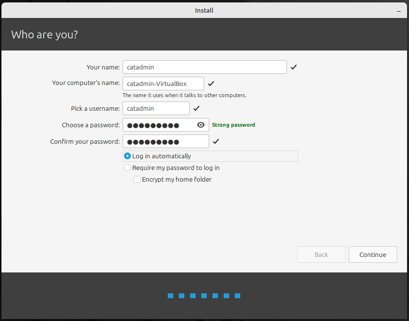 image of the Linux Mint installer's user account setup menu